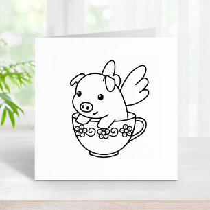 Flying Pig - Piglet with Wings in a Teacup Rubber Stamp