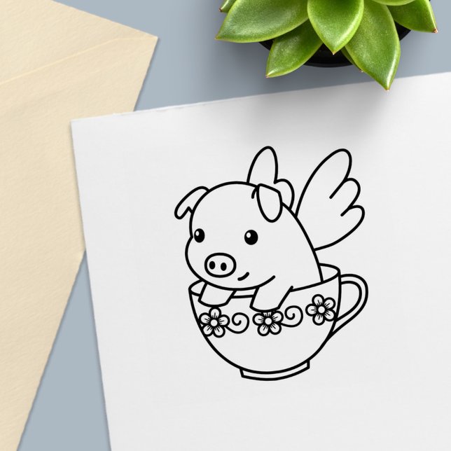 Flying Pig - Piglet with Wings in a Teacup Self-inking Stamp (Creator Uploaded)