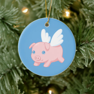 Flying Pig - Piglet with Wings on Blue Ceramic Tree Decoration