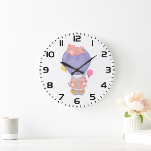 Flying Piggies in Hot Air Balloon Large Clock