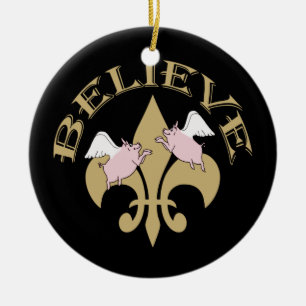 Flying Pigs Believe Black Gold Fleur de Lis Ceramic Tree Decoration