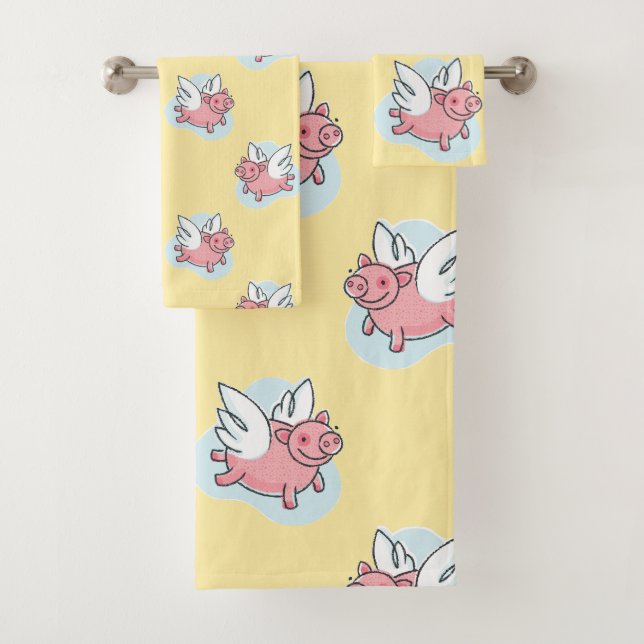 Flying Pigs Chinese Year Birthday Yellow Bath T Towel Set (Insitu)