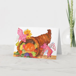 Flying Pigs Thanksgiving Cornucopia Horn Of Plenty Holiday Card