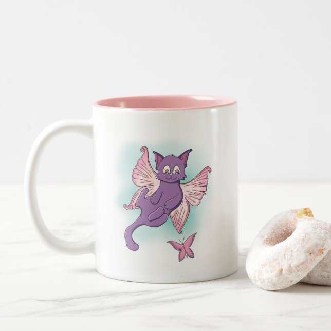 Flying Pink and Purple Fairy Cat Two-Tone Coffee Mug (With Donut)