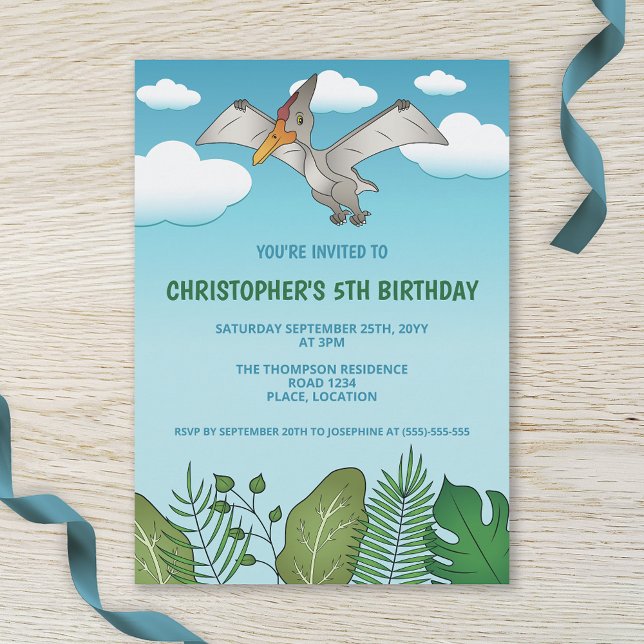 Flying Pteranodon Dinosaur Blue Sky Birthday Party Invitation (Creator Uploaded)