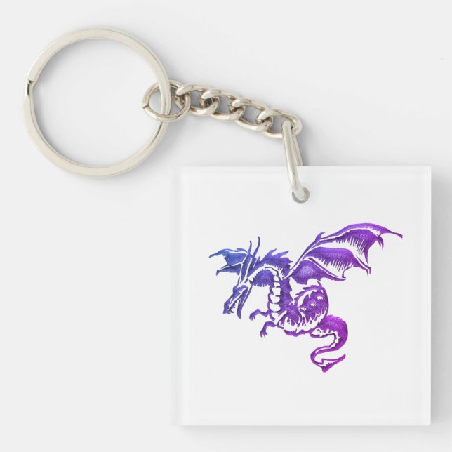 Flying Purple Dragon Against White Key Ring (Front)