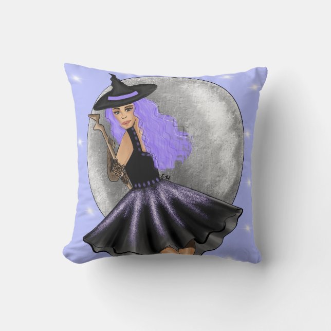 Flying Purple Witch Throw Pillow (Front)
