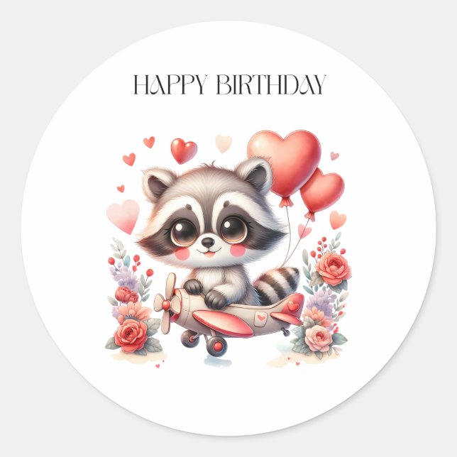 Flying Racoon Birthday Classic Round Sticker (Front)