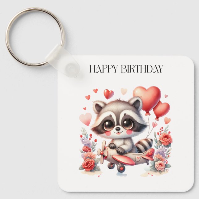 Flying Racoon Birthday Key Ring (Front)