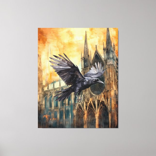 Flying Raven and Mediaeval Gothic Cathedral Canvas Print (Front)