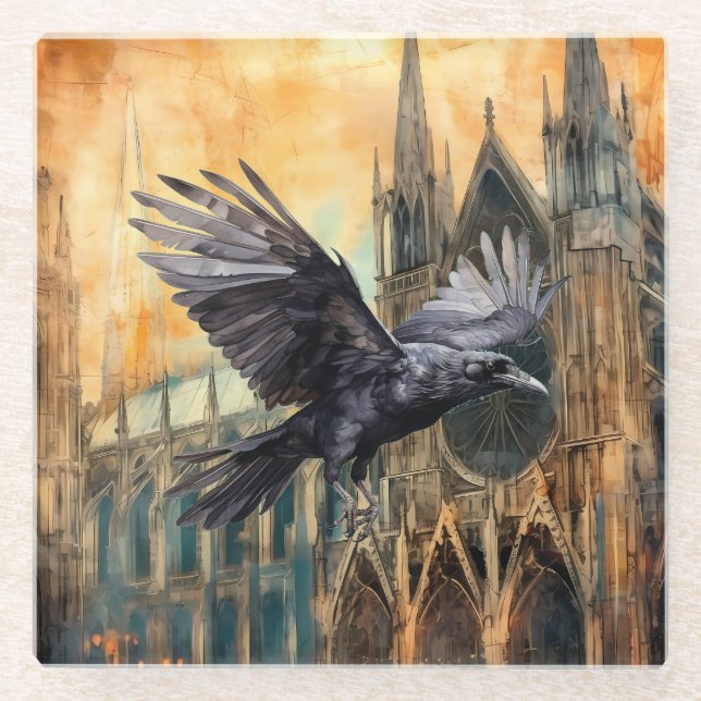 Flying Raven and Mediaeval Gothic Cathedral Glass Coaster (Front)