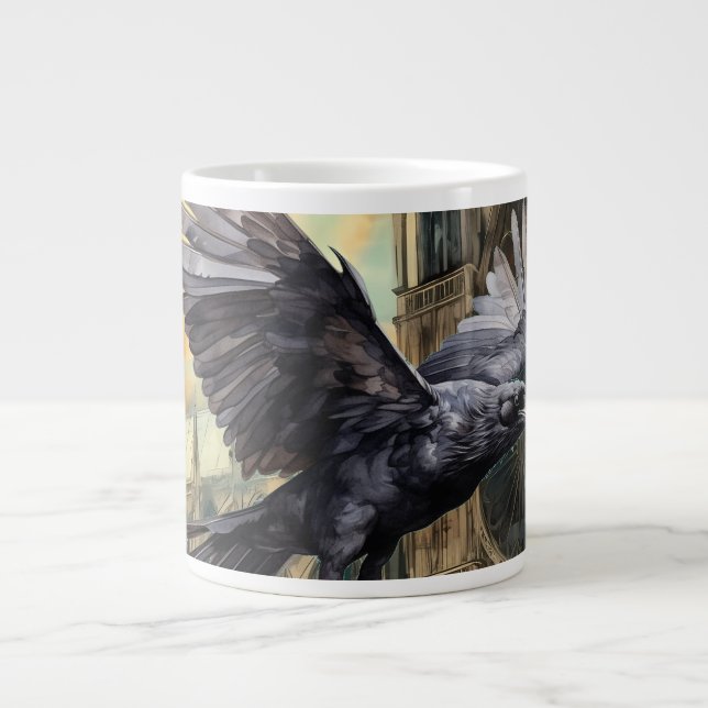 Flying Raven and Mediaeval Gothic Cathedral Large Coffee Mug (Front)