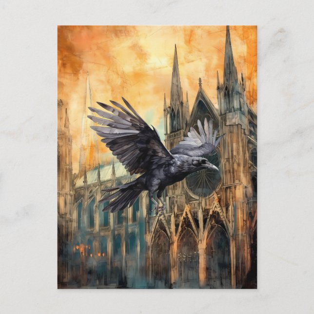 Flying Raven and Mediaeval Gothic Cathedral Postcard (Front)