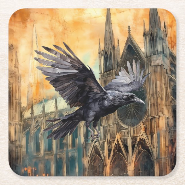 Flying Raven and Mediaeval Gothic Cathedral Square Paper Coaster (Front)