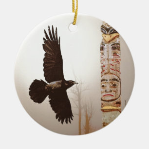 Flying Raven & Totem-Pole Fantasy Art Ceramic Tree Decoration