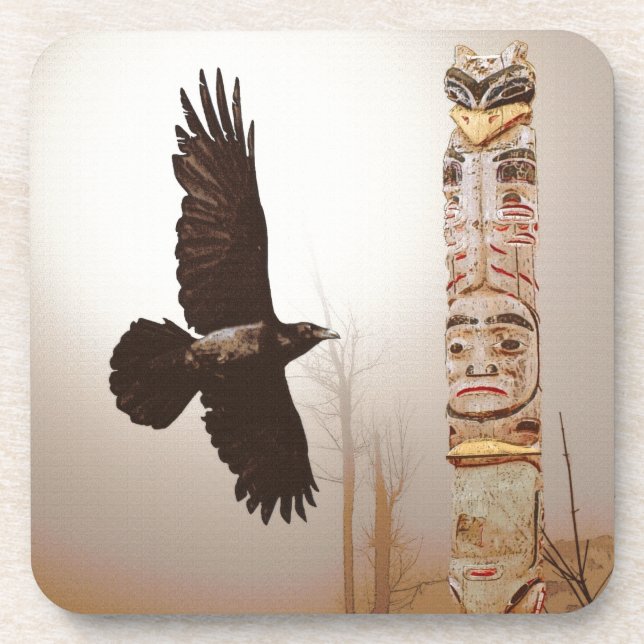 Flying Raven & Totem-Pole Fantasy Art Coaster (Front)