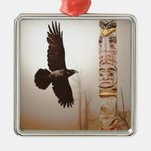 Flying Raven & Totem-Pole Fantasy Art Metal Tree Decoration