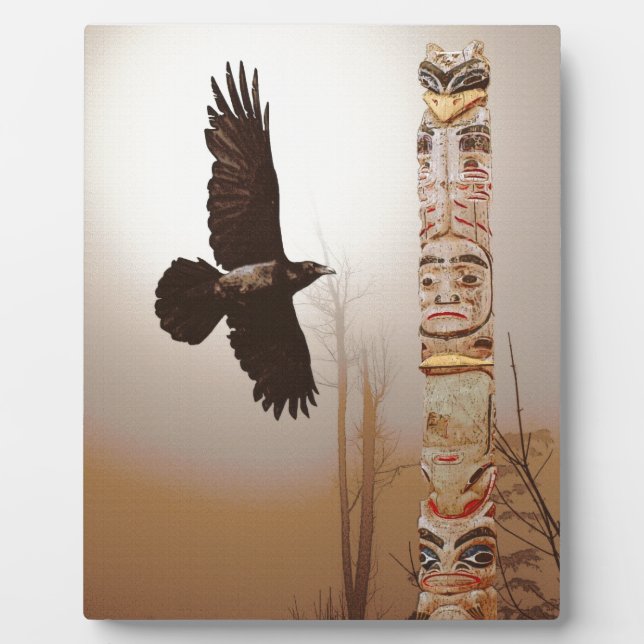 Flying Raven & Totem-Pole Fantasy Art Plaque (Front)