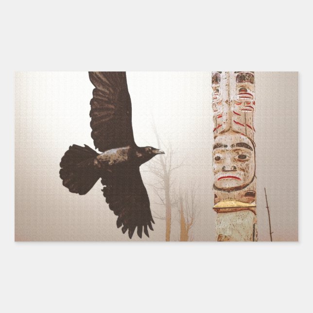 Flying Raven & Totem-Pole Fantasy Art Rectangular Sticker (Front)