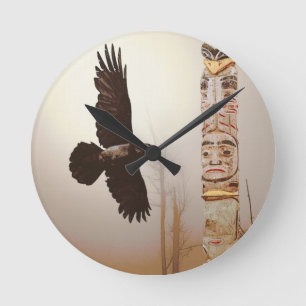 Flying Raven & Totem-Pole Fantasy Art Round Clock