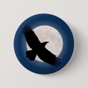 Flying raven with the moon behind it 6 cm round badge