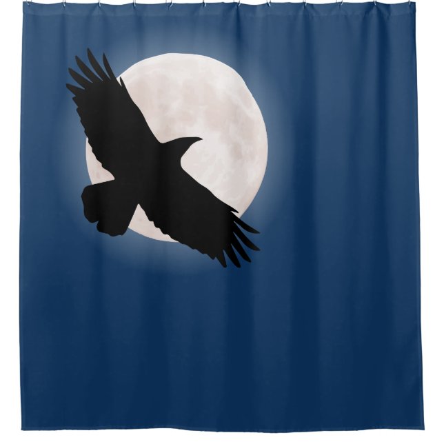 Flying raven with the moon behind it shower curtain (Front)