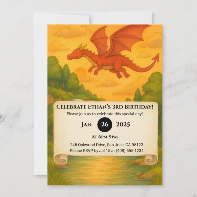Flying Red Dragon Over Enchanted Forest Birthday Invitation (Front)