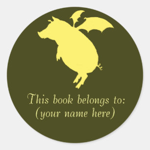 Flying retro piggy bookplate classic round sticker