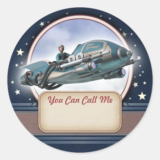 Flying Retro Rocket Name Tag Stickers (Front)