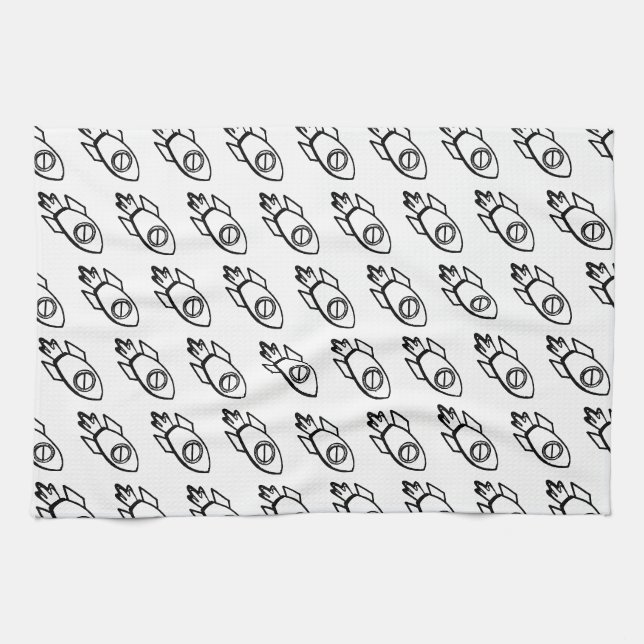 Flying Rocket Sketch Pattern Tea Towel (Horizontal)