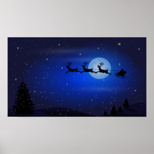 Flying Santa and his reindeers at night Poster