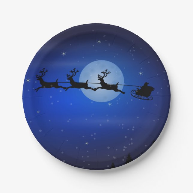 Flying Santa and his reindeers Paper Plate (Front)
