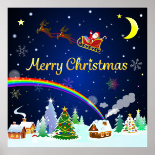 Flying Santa Claus with Crescent Moon Poster