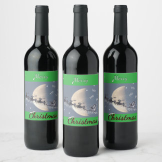Flying Santa in Reindeer-Sled Christmas Wine Label