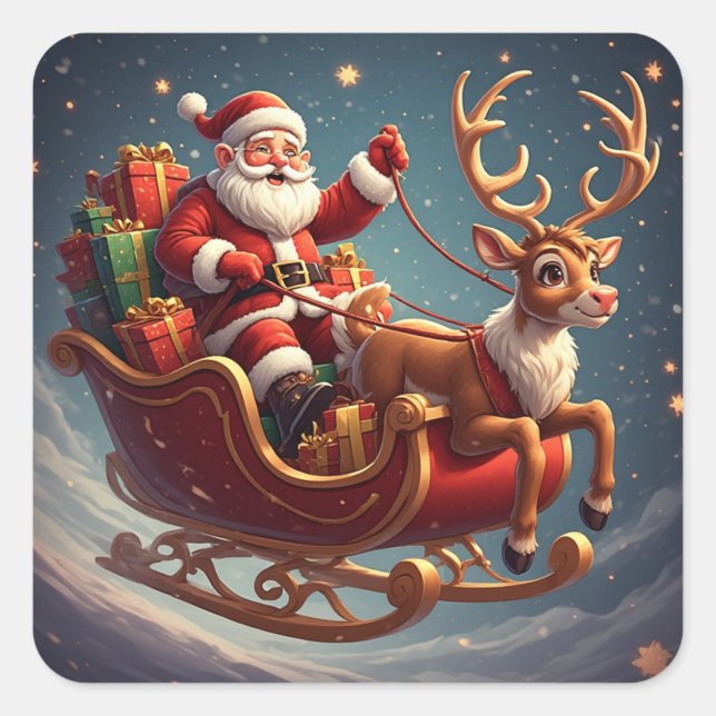 Flying Santa Sleigh Christmas Night Square Sticker (Front)