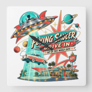 Flying Saucer Drive-In Vintage 1950s Sci-Fi Wall C Square Wall Clock