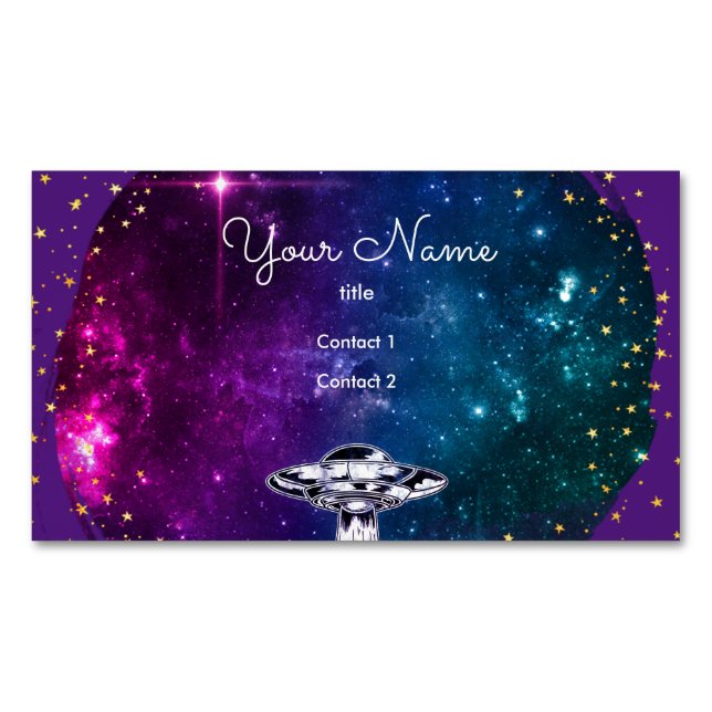 Flying   saucer  in the purple artistic galaxy magnetic business card (Front)
