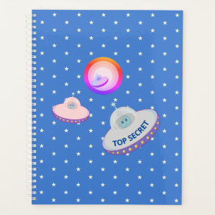 Flying saucers, aliens & white stars on sky blue planner