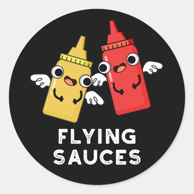 Flying Sauces Funny Food Pun Dark BG Classic Round Sticker (Front)