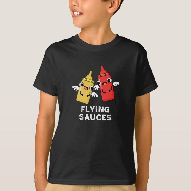 Flying Sauces Funny Food Pun Dark BG T-Shirt (Front)