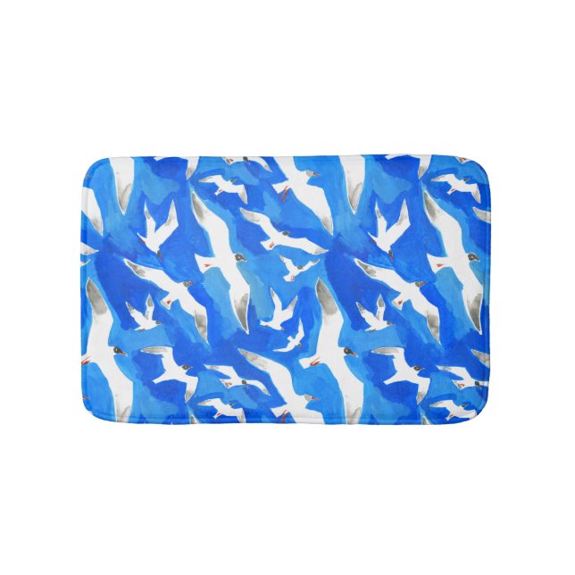 Flying seagulls on sky blue bath mat (Front)