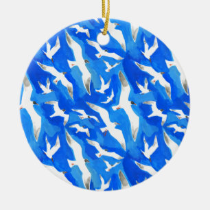 Flying seagulls on sky blue ceramic tree decoration