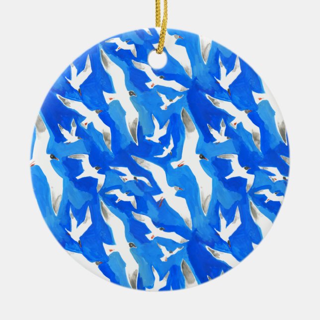 Flying seagulls on sky blue ceramic tree decoration (Front)