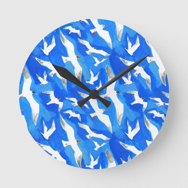 Flying seagulls on sky blue round clock (Front)