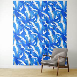 Flying seagulls on sky blue tapestry