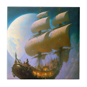 Flying Ship Fantasy Art Tile