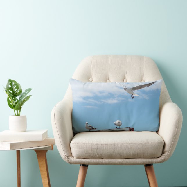Flying Sitting Seagulls Birds Blue Sky Lumbar Cushion (Chair)