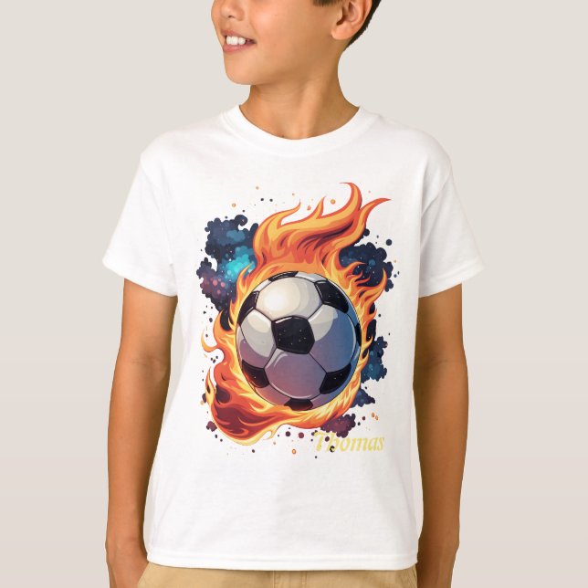 Flying soccer ball with flames.  T-Shirt (Front)