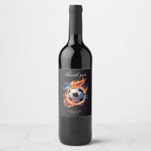 Flying soccer ball with flames. wine label
