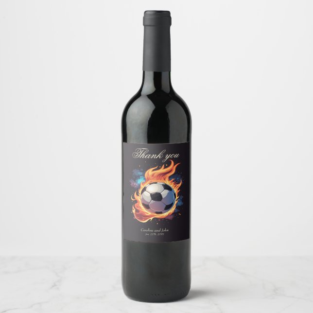 Flying soccer ball with flames.  wine label (Front)
